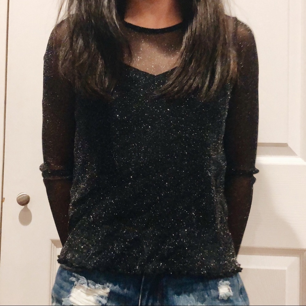 hollister black mesh lettuce cut glittery shirt